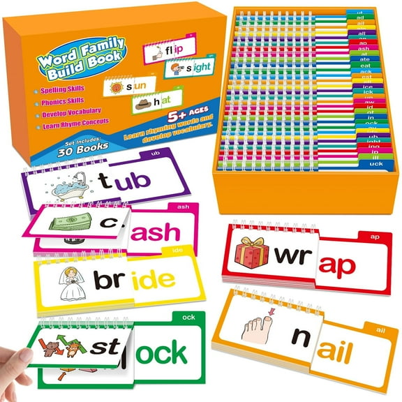 Meottam 30 Books Word Families, Letter Sounds Flash Cards, ABC Vocabulary Flash Cards, Sight Word Flash Cards, Learn to Read Phonics Flash Cards, Read and Rhyme Flip Activity Book Reading Games