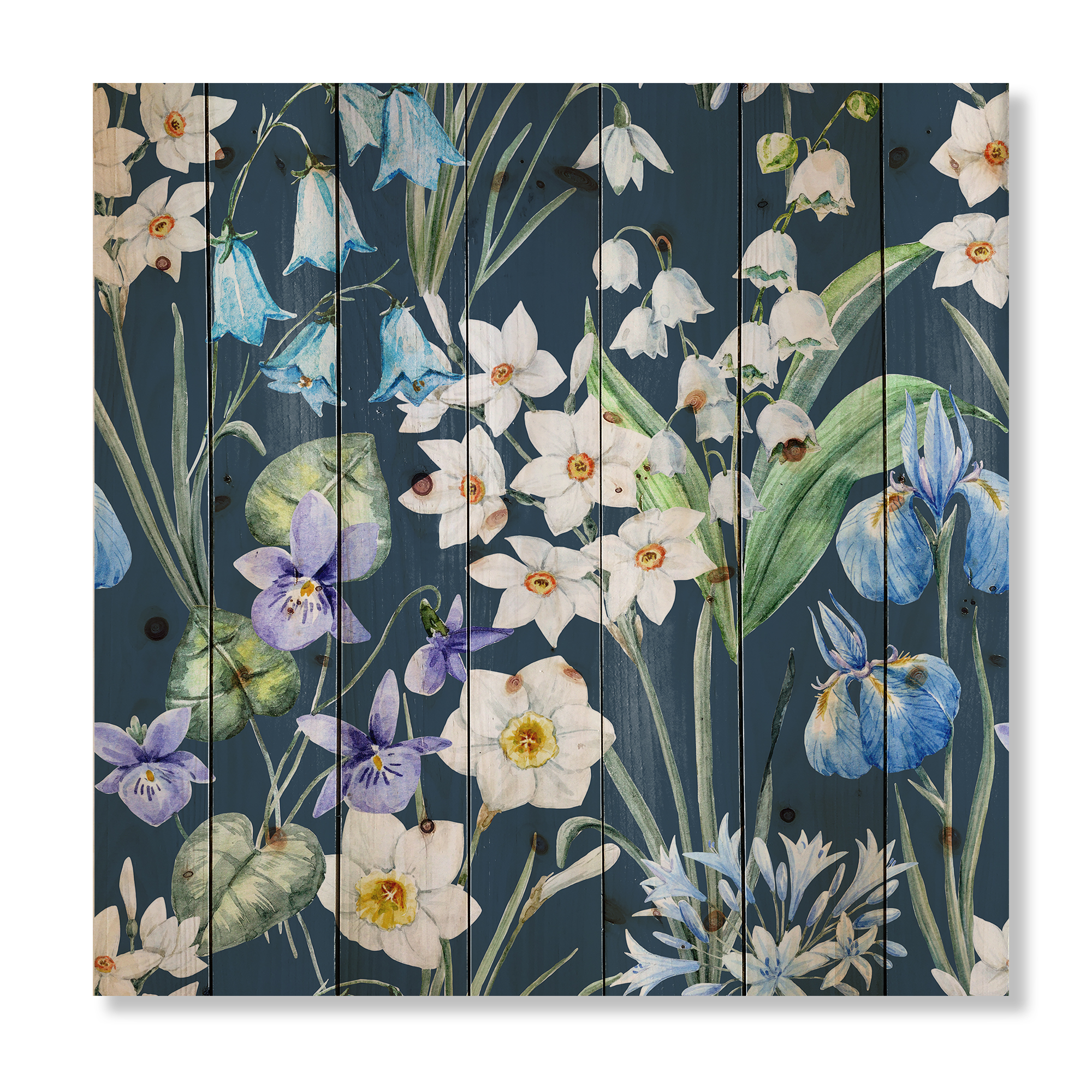 Designart 'Blue and White Spring Flowers On Dark Blue' Traditional Print on Natural Pine Wood