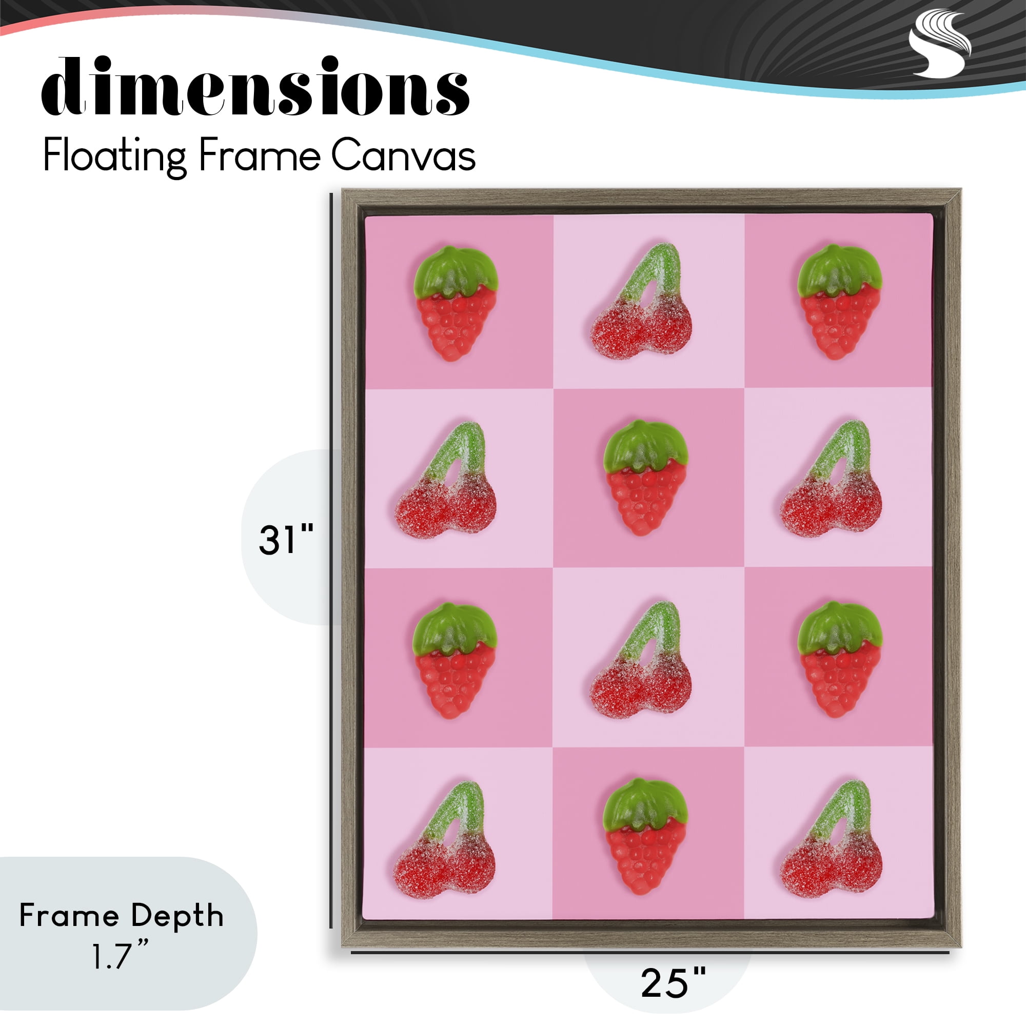 Stupell Industries Gummy Strawberry and Cherry Checkerboard Brown Framed Floater Canvas Wall Art, design by LISH Creative