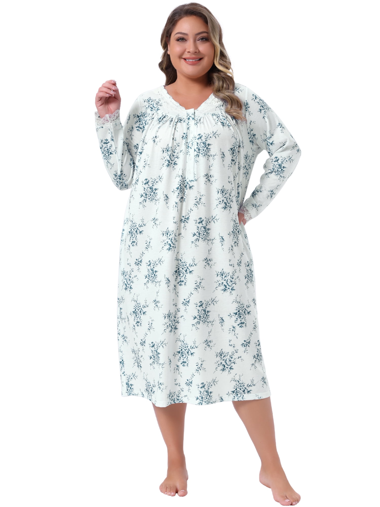 DARING DIVA Women's Plus Women's V Neck Lace Trim Long Sleeve Sleepwear 1X Blue