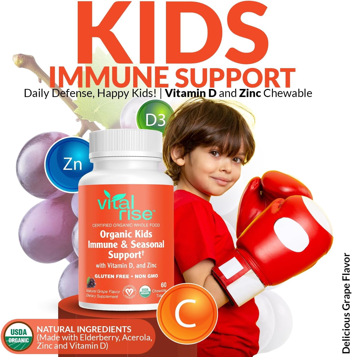 Vital Rise Organic Kids Immune Support Chewable Tablets, Sugar-Free Grape Flavor, Vitamin C, Vitamin D3, Zinc & Elderberry, USDA Organic, Vegan Supplement for Kids Ages 4+