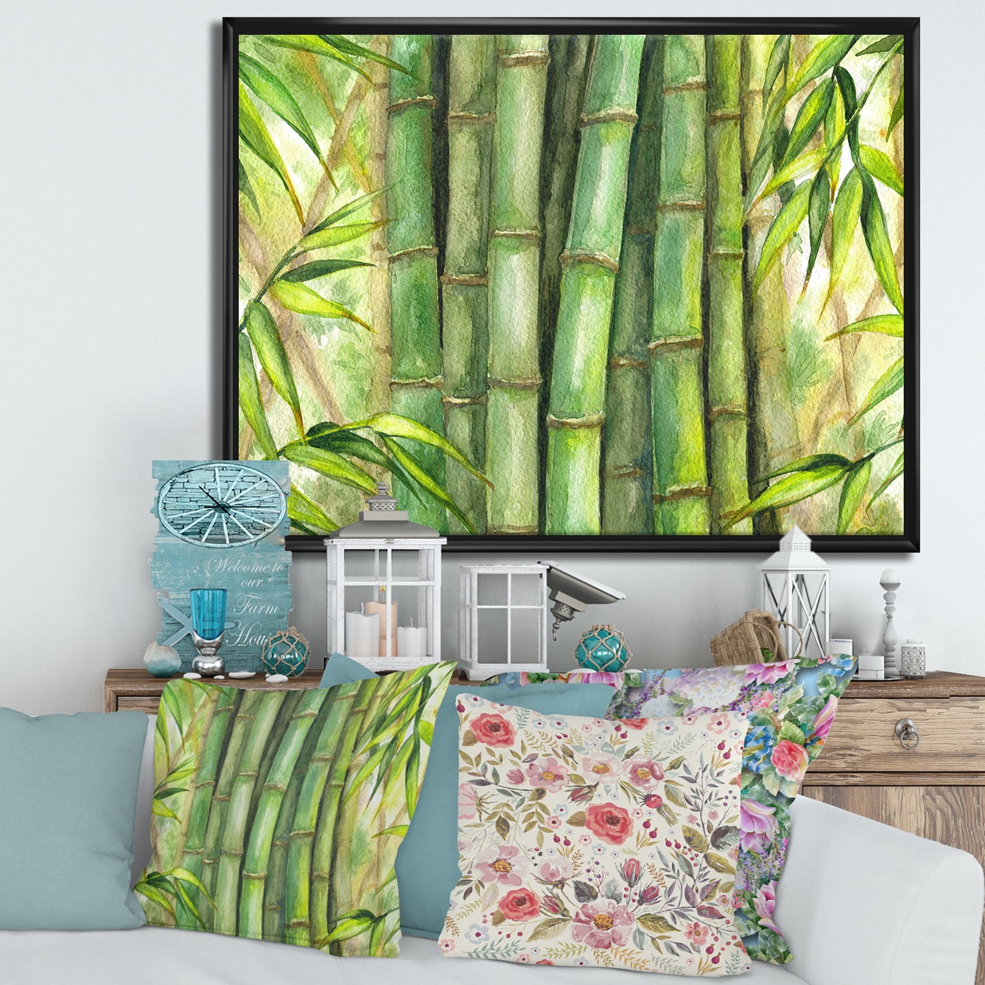Designart 'Bright and Green Bamboo Stems' Transitional Framed Canvas Wall Art Print