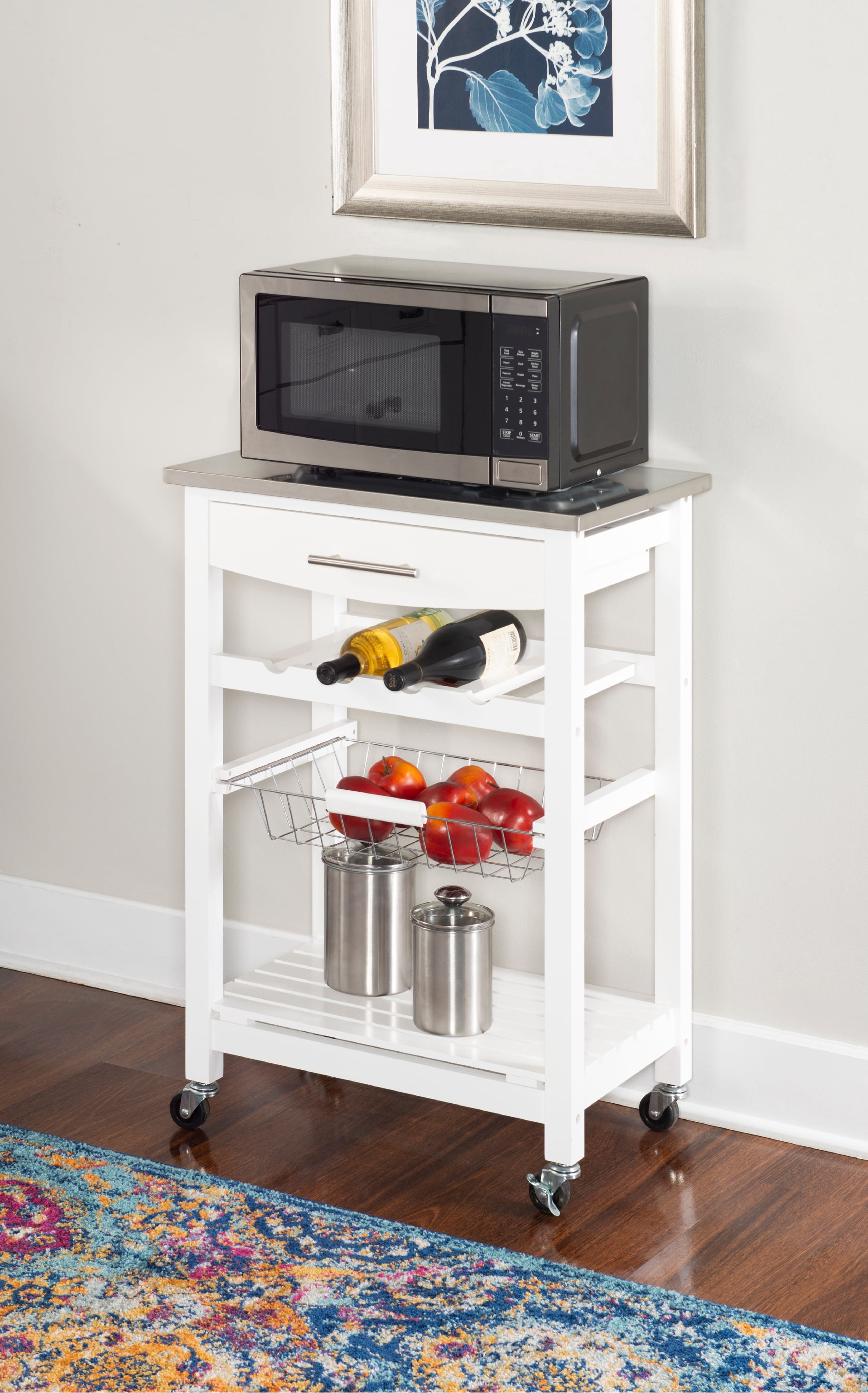 Linon Corbari 4-Tier Mobile Serving Cart with Stainless Steel Top, 22.75" Length, White