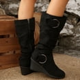 thumbnail image 5 of Rokment Slouchy Buckles Mid Calf Dress Boots for Women Ladies Fall Winter Trendy Round Toe Wedge High Heels Wide Calf Tall Boots Black Size 6.5, 5 of 7