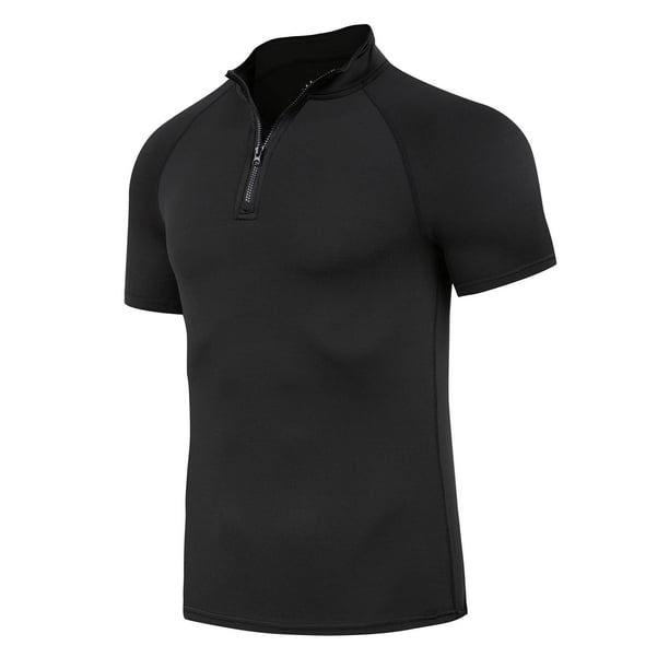 Blusa y camisa de manga corta con cuello alto para hombre, informal, de color liso, con media cremallera, manga corta, transpirable, deportiva, elástica, de licra