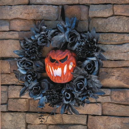 ATC Black Floral Wreath with Light-Up Pumpkin Halloween Decoration