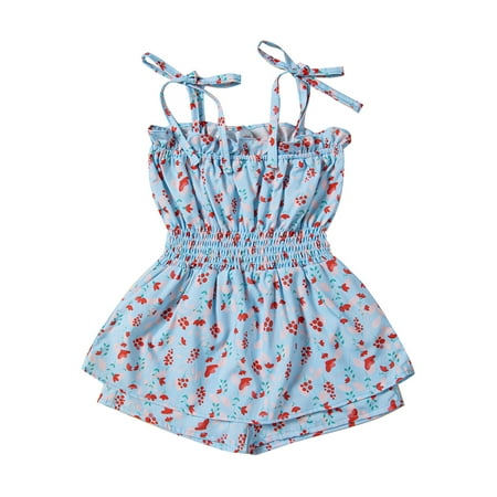 

Nokpsedcb Kids Little Girls Bodysuit Sleeveless Tie Up Sling Straps Floral Printed Elastic Waist One Piece Jumpsuit Blue 2-3 Years