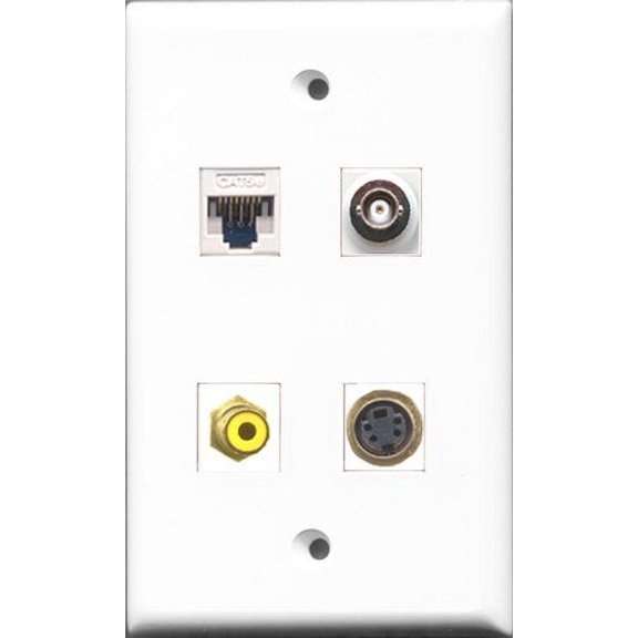 RiteAV - 1 Port RCA Yellow and 1 Port S-Video and 1 Port BNC and 1 Port Cat5e Ethernet White Wall Plate