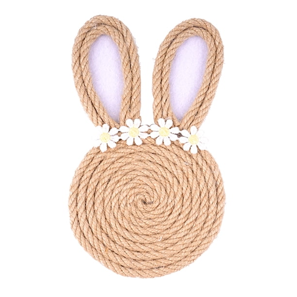Posavasos de conejito hechos a mano, práctico protector de mesa con envoltura de cuerda de yute, base de madera natural, bonita decoración de granja de Pascua, regalo listo, fácil de limpiar