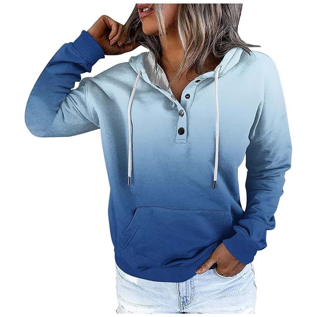 WEAIXIMIUNG Chandails en Molleton pour Femmes Graphique Tendance Automne et Hiver Style de Rue Changeant Progressivement Couleur Bouton Col Poche Cordon de Serrage Chandail à Capuchon Sport Décontracté (3)