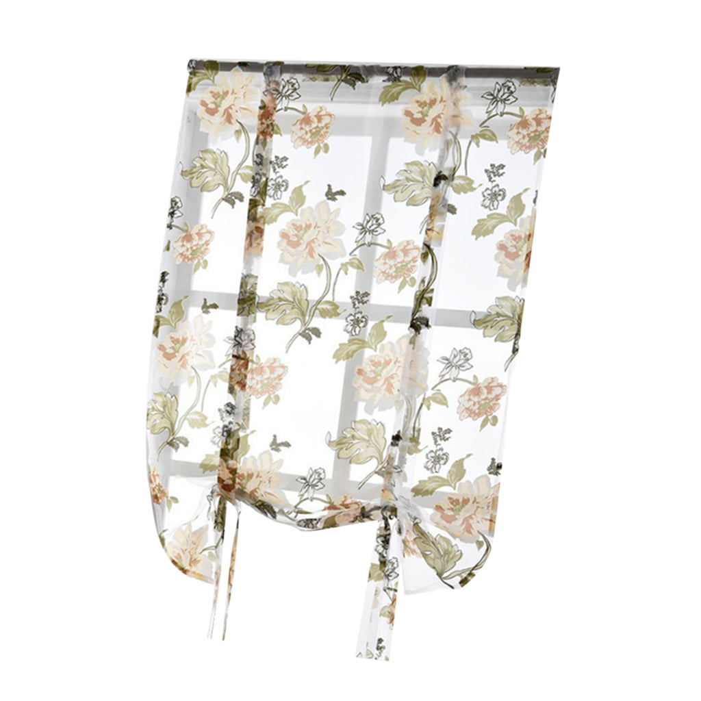 Floral Pattern Roman Short Window Curtain Sheer Voile Yellow 80x100cm 