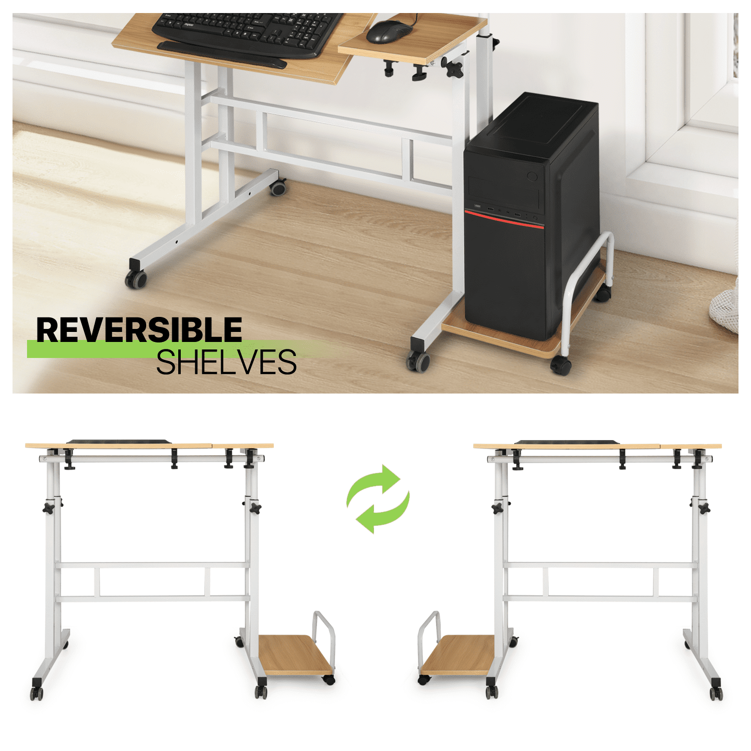 Magshion Complete Computer Workstation Desk, Rolling Standing Laptop Table with Monitor Shelf & Host Rack for Home, Natural