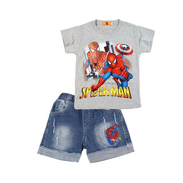 2023 nuevos conjuntos de niños de dibujos animados de verano de algodón para niños camiseta y pantalones cortos de mezclilla conjunto de ropa para niños traje ropa Spiderman150 (8T) Gao Jinjia LED
