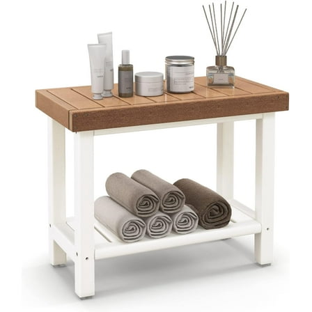 QRKD 2-Tier Shower Bench, Spa Bath Stool with Storage Shelf and Non-Slip Foot Pads for Inside Shower, Waterproof Shower Chair for Bathroom, Living Room, Entryway, Brown & Off White