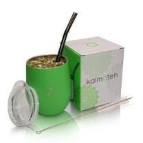 Kalmateh Yerba Mate Gourd- Modern 8 oz Mate Cup with BPA Free Lid- Double Walled 18/8 Stainless Steel - Includes Bombilla and Cleaning Brush (Neon Green)