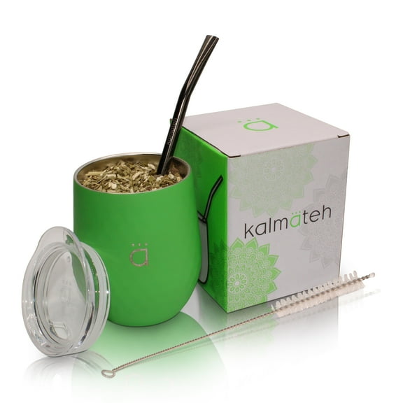 Kalmateh Yerba Mate Gourd- Modern 8 oz Mate Cup with BPA Free Lid- Double Walled 18/8 Stainless Steel - Includes Bombilla and Cleaning Brush (Neon Green)