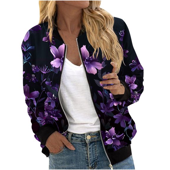 UVEASISHA Floral Jackets for Women Fall Zipper Bomber Jacket Long Sleeve Casual Sport Outwear Purple XXL