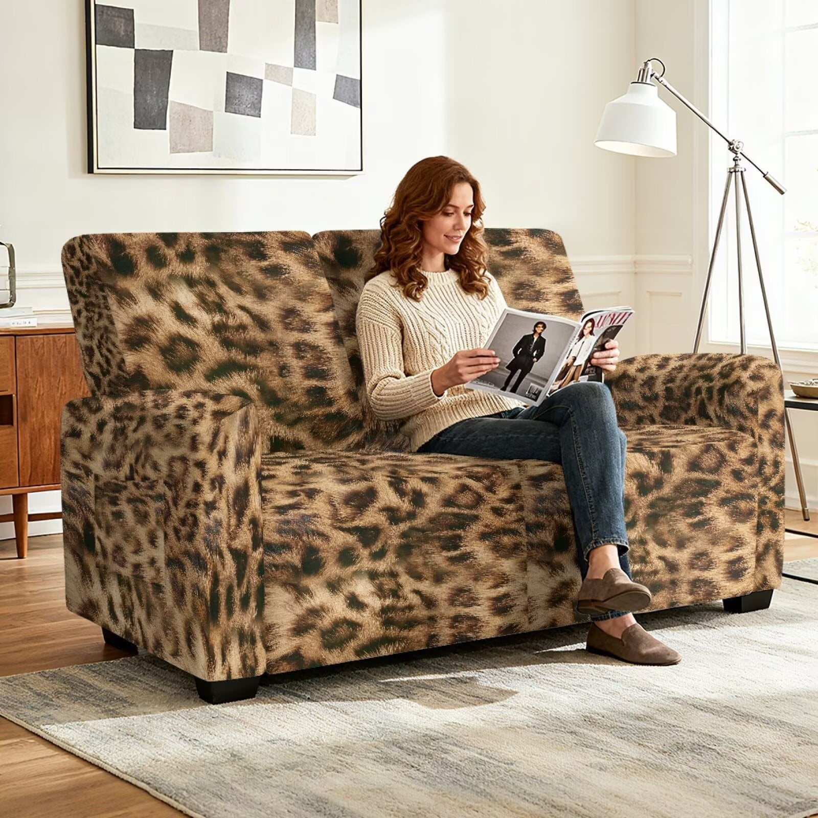 Yuyamidu Brown Leopard Print Loveseat Recliner Covers 2 Seater Soft Recliner Loveseat Slipcover with Elastic Edge Easy to Install Furniture Protector