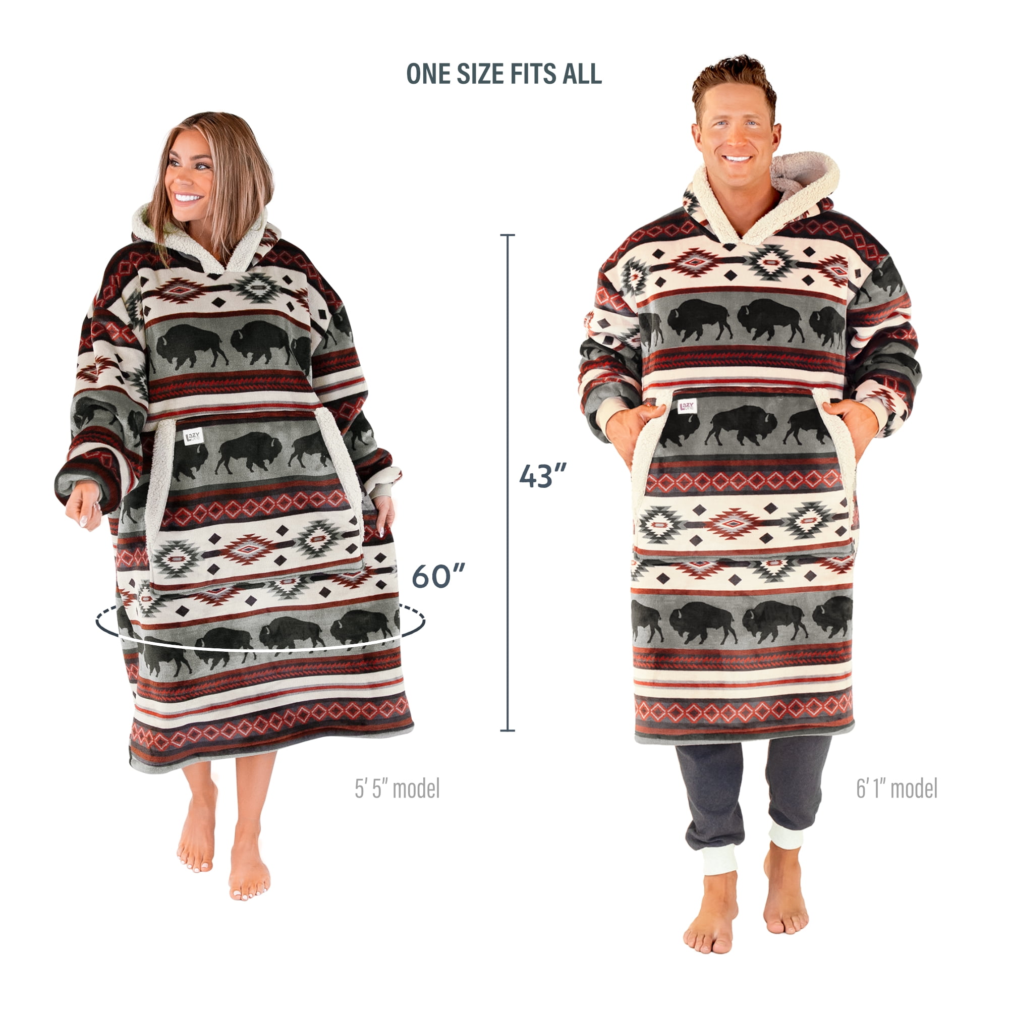 Lazy One Oversized Blanket Hoodie, Comfortable Sleepwear, Oversized Hoodies for Women and Men, One Size Fits All Wearable Blankets (Buffalo)