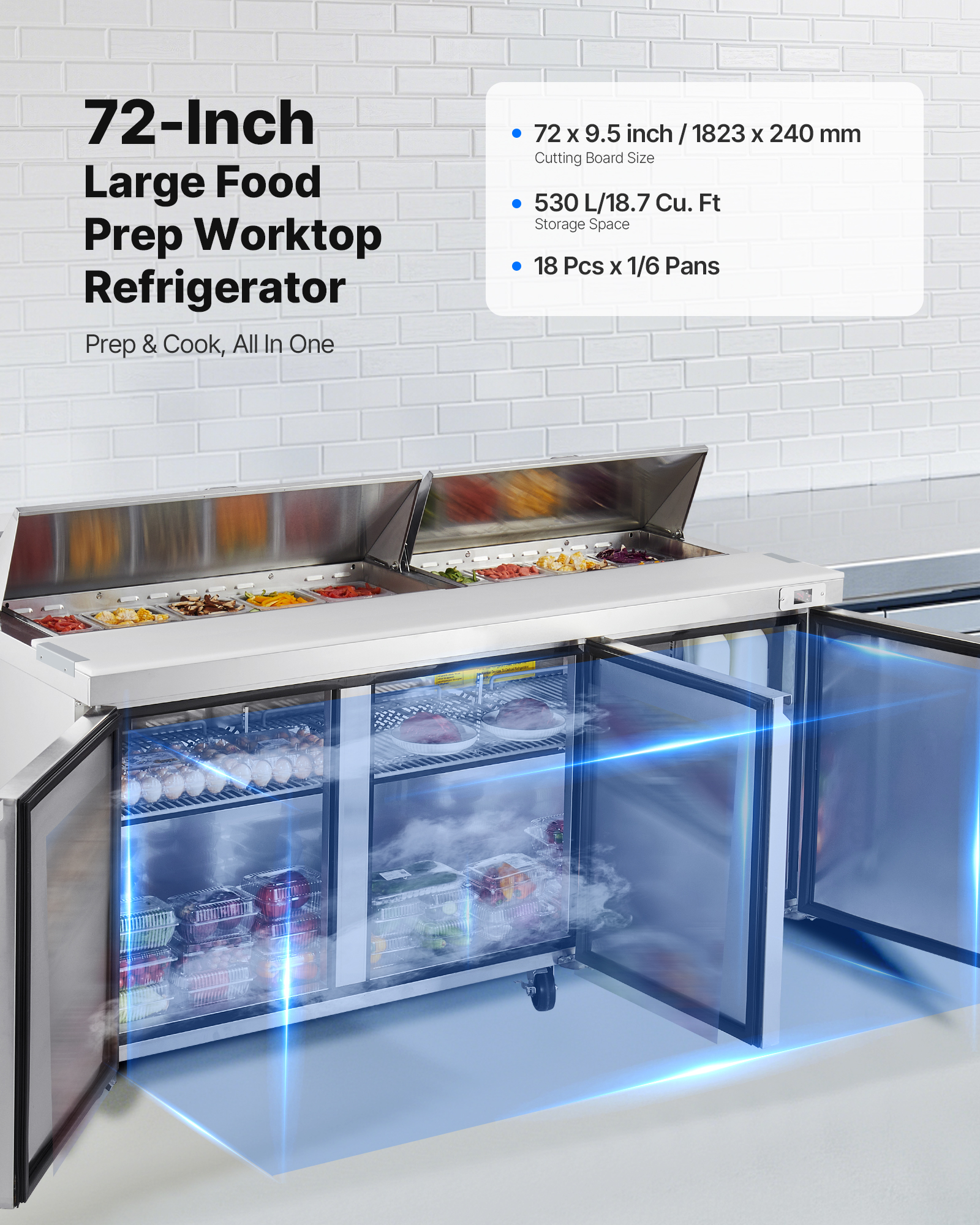 VEVOR 72"W Commercial Refrigerator, 18.7 Cu. Ft Sandwich Prep Refrigerated Table,Mega Top Food Prep Fridge with 18 Pans and Cutting Board,Stainless Steel Salad Prep Cooler for Restaurant,Food Truck