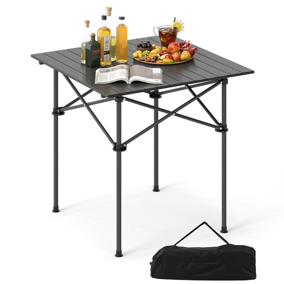 Gymax Folding Roll-up Camping Table w/Metal Legs Carry Bag for Picnic Hiking BBQ Black