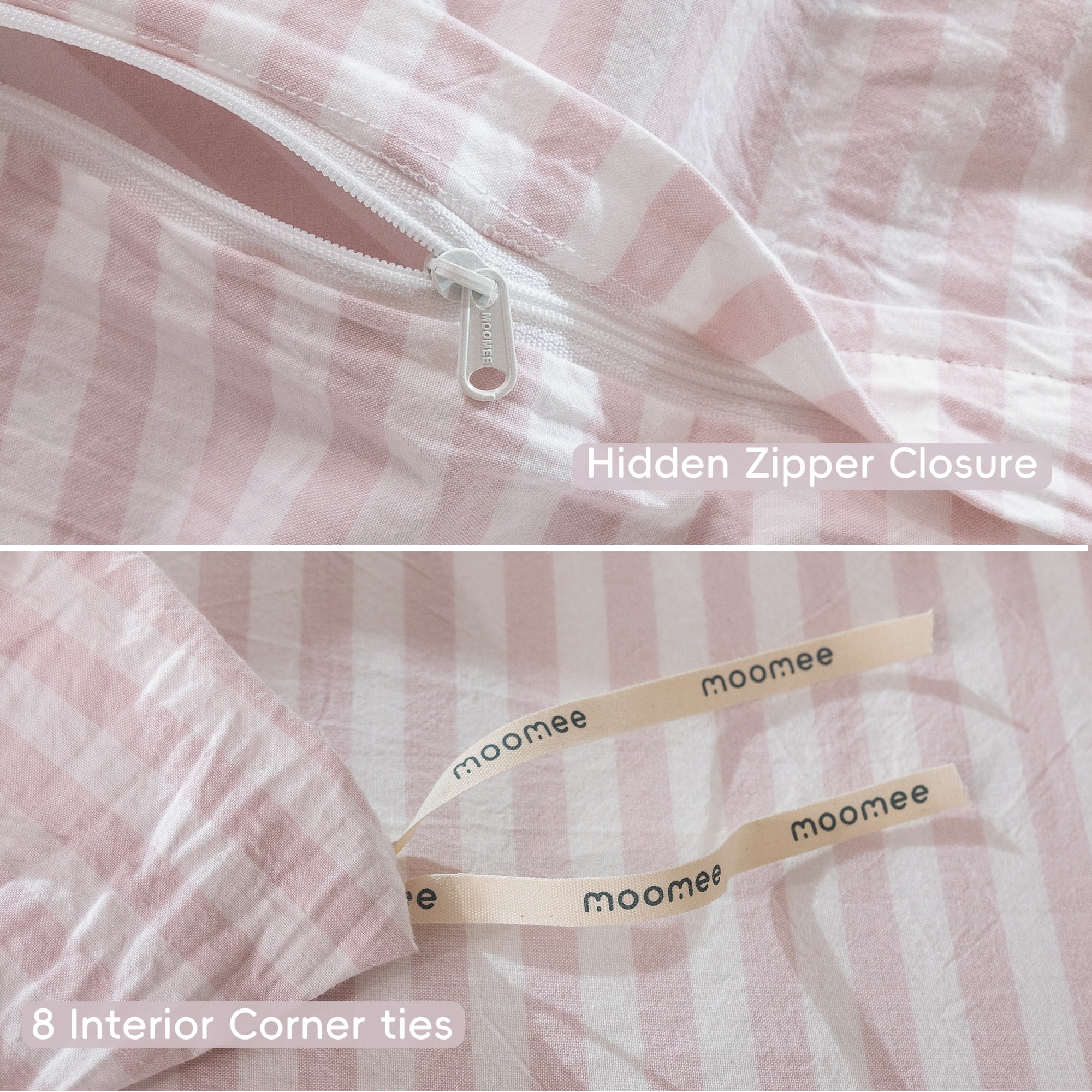 MooMee Striped Duvet Cover Set King 100% Washed Cotton Linen Like Textured Breathable 3-Piece (Greyish Pink& White Classic Stripes, 104"x90")