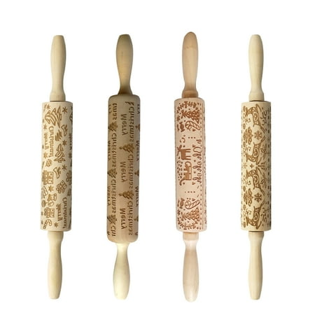 

Christmas Rolling Pin Engraved Carved Wood Embossed Rolling Pin Kitchen Tool