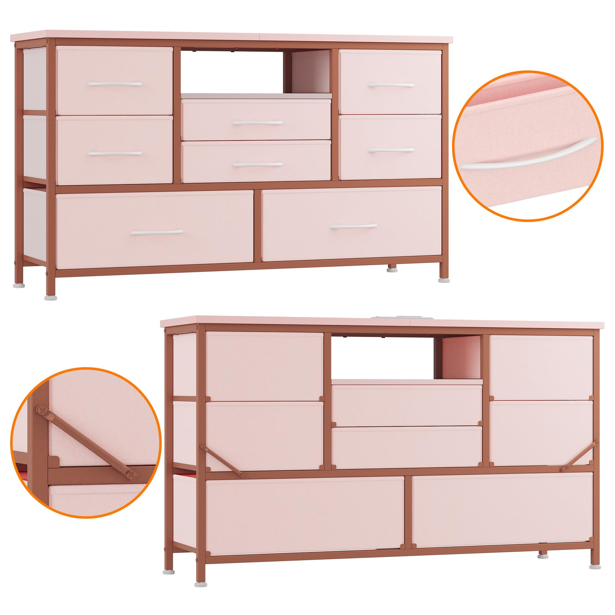 TROPOW Tv Stands for Living Room,8-Drawer Storage Cabinet TV Cabinet for 55-Inch TV Entertainment Center with Adjustable LED Lights, with Electrical Outlets and Cords-Pink
