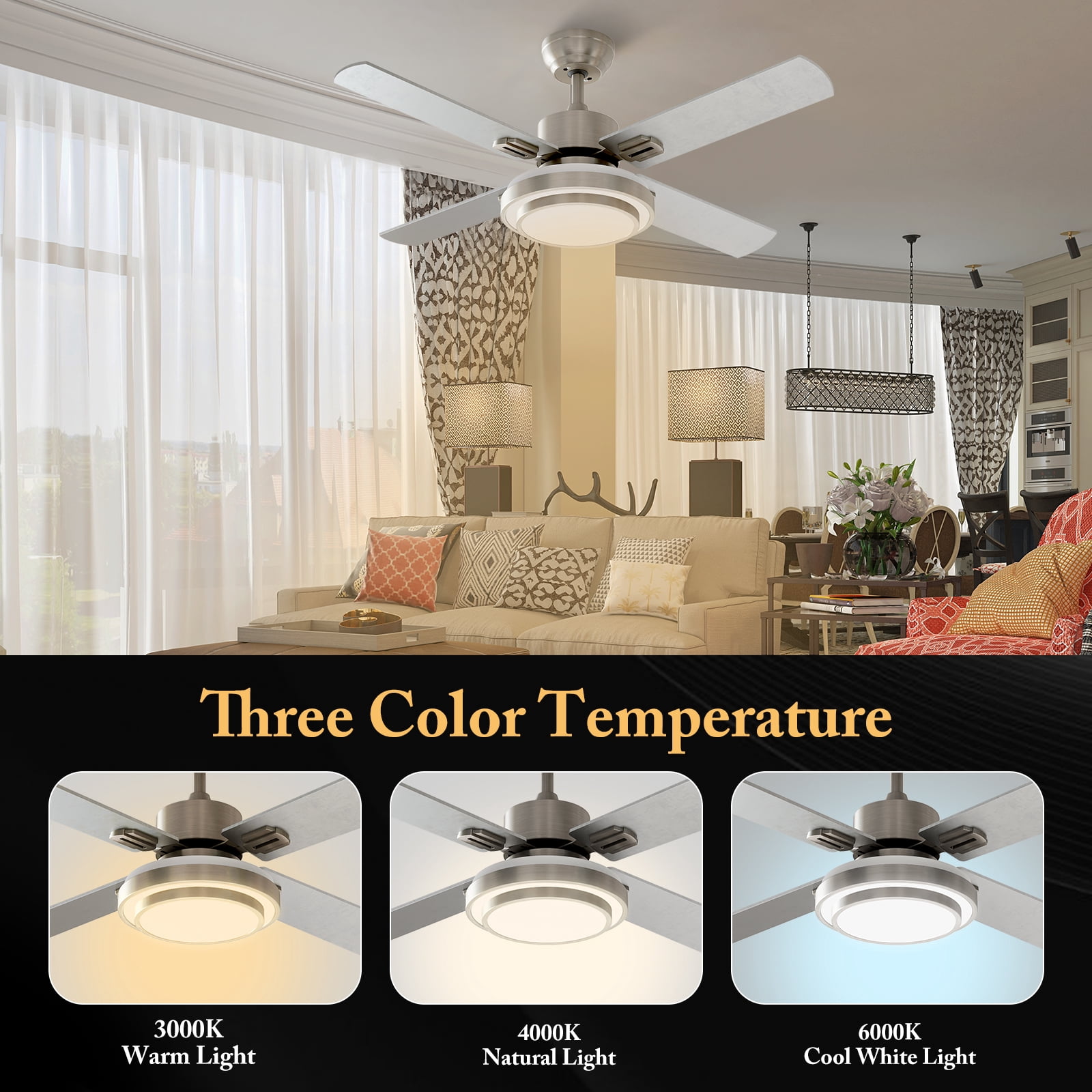Warmiplanet 44" 4-Blade Ceiling Fan with Light and Remote, Sand Nickel Finish, 6 Speeds, 3 Color Temperatures