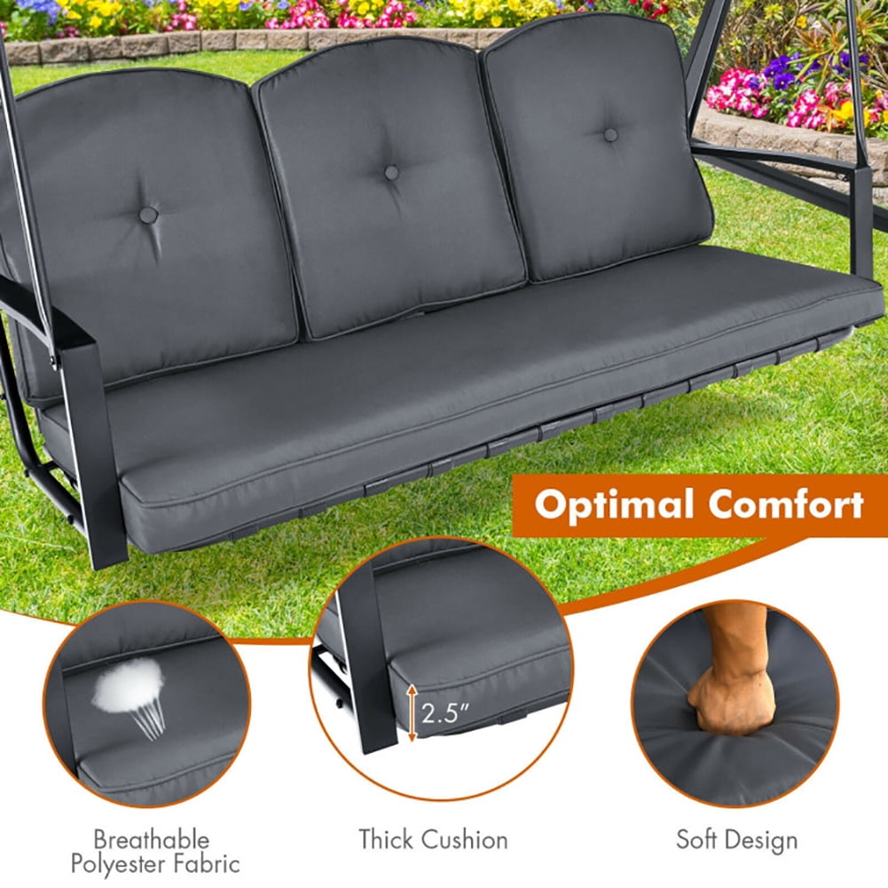 Aimee Lii Outdoor 3-Seat Porch Swing with Adjust Canopy and Cushions, Swing Chair Outdoor, Gray
