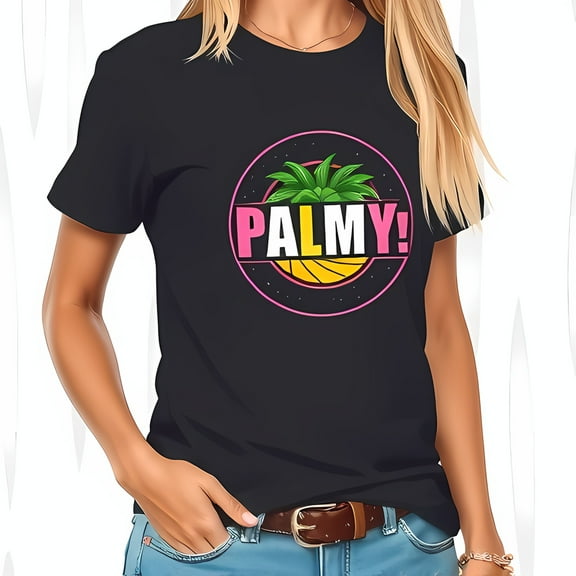 Stylish Black T-Shirt with Retro Pineapple Graphic and 'PALMY ' in Bold Pink Font - Casual Summer Wear