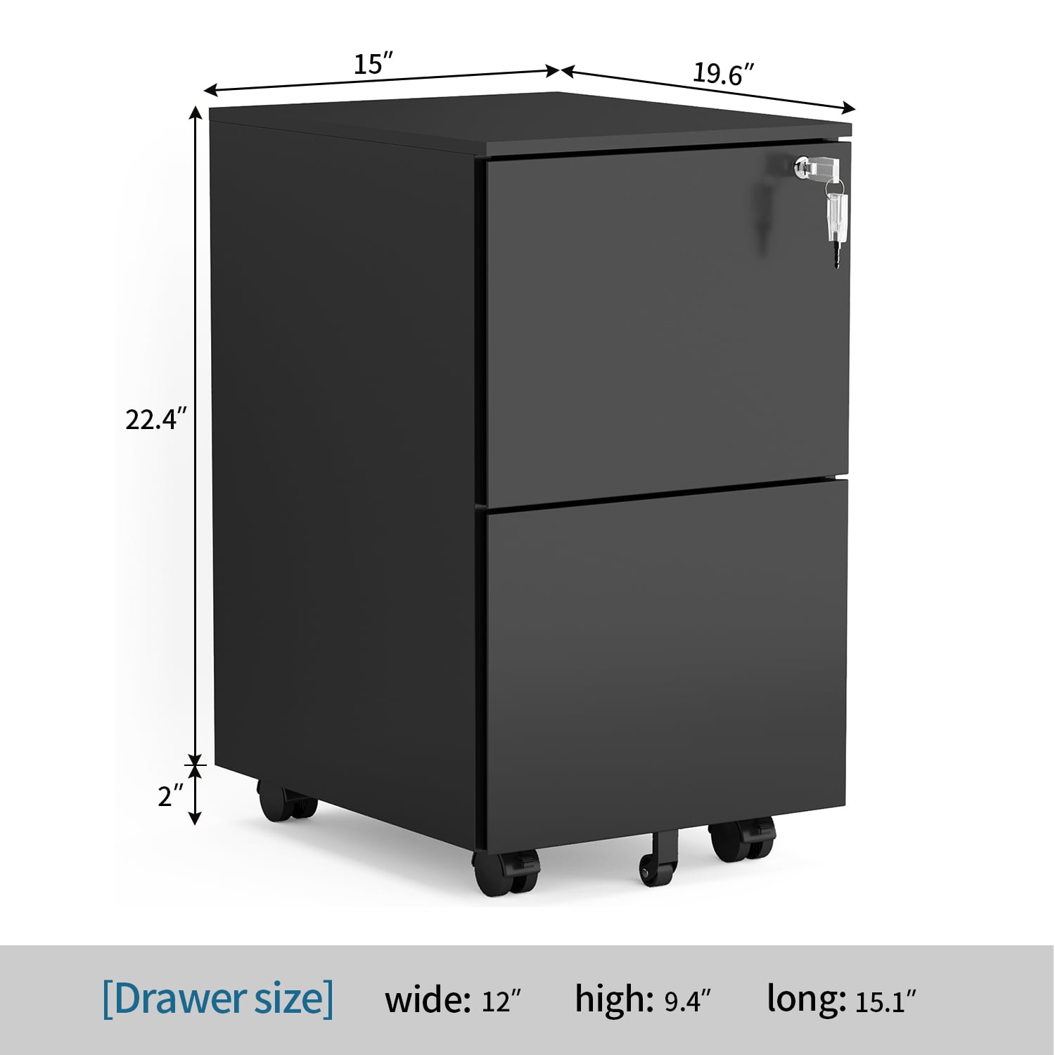 Kepooman 2-Drawer Mobile Steel File Cabinet with Lock for Legal/Letter Size, 15"L x 19.6"W x 24.4"H, Black