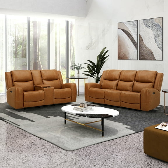 Roundhill Furniture Cozura Leather Power Recling Sofa and Loveseat, Silverado Butternut