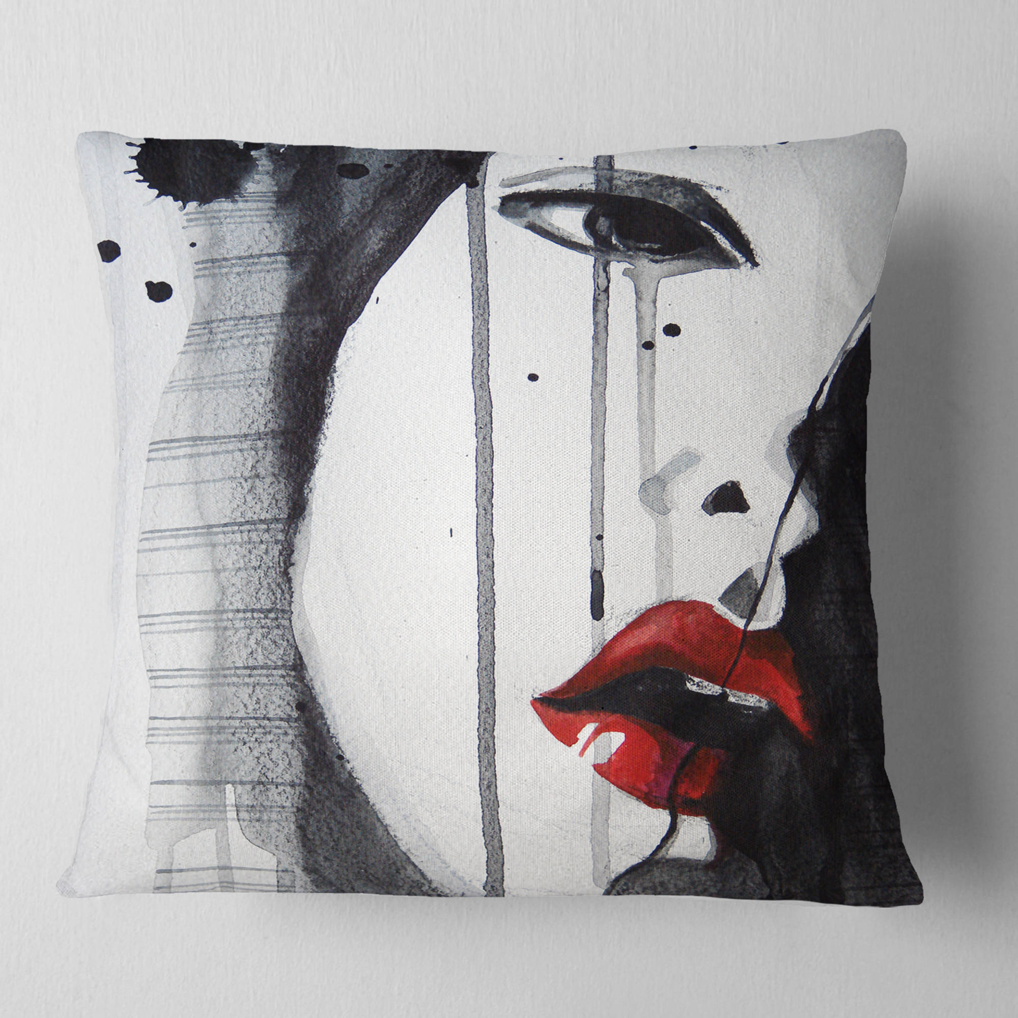 Designart Black Illustrated Girl Close up - Abstract Portrait Throw Pillow - 18x18