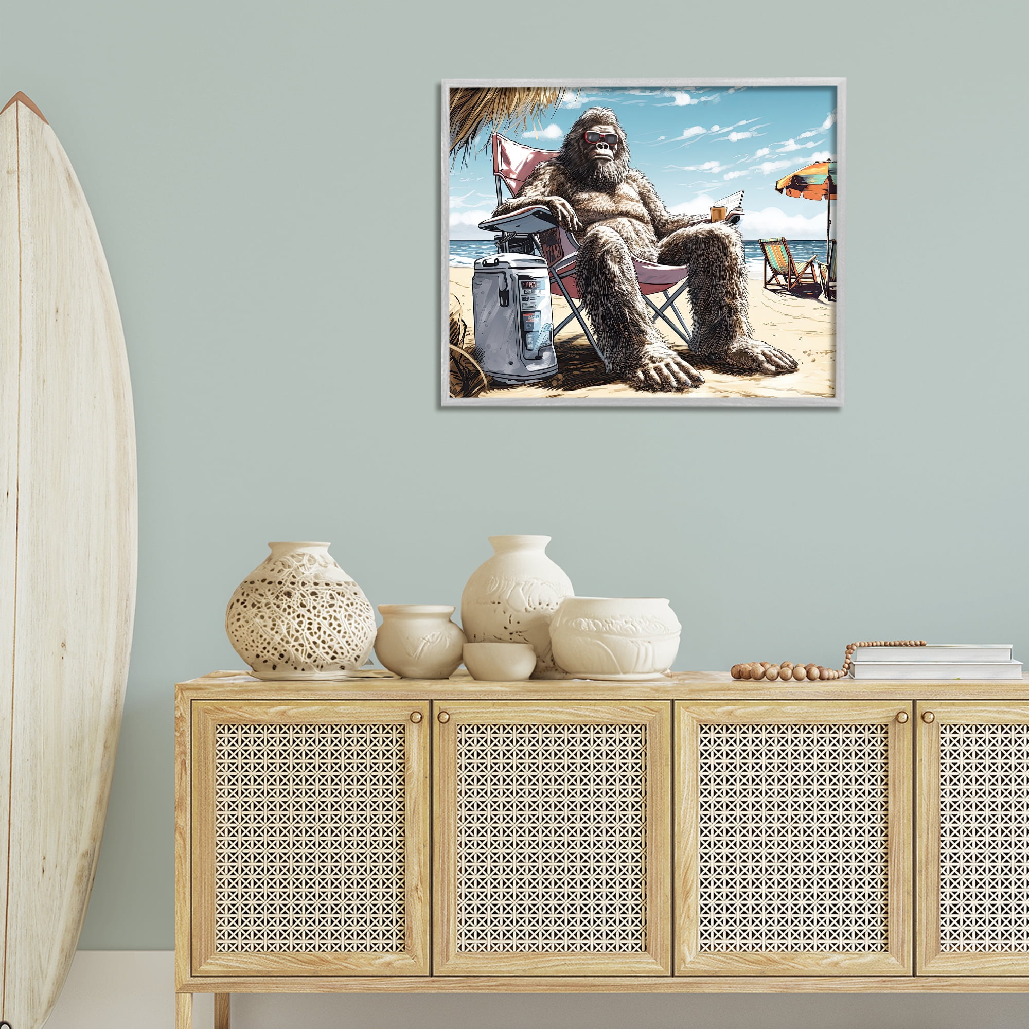 Stupell Industries Big Monster on Beach Fairy Tales & Fantasy Painting Gray Framed Art Print Wall Art, 30 x 24