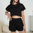 thumbnail image 2 of tarylea Summer Pajamas Set for Women Crew Neck Short Sleeve Crop Tops Elastic Waist Shorts Solid Color Ruffled Sets Casual Dressy Sleepwear Suits, 2 of 5