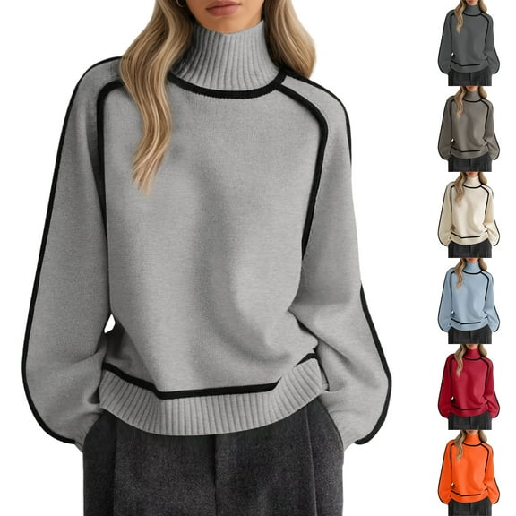 Women's Casual Round Neck Colorblock Pullover Sweater Loose Casual Long Sleeve Contrast Color Top for Fall and Winter, Comfortable and Fashionable, Ideal for Casual Use,Beige,Size L