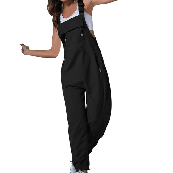 TIMIFIS Black Overalls for Women Straight Leg Elastic Ankle Baggy Bib Casual Overall Solid Color Loose Jumpsuit with Multi Pockets