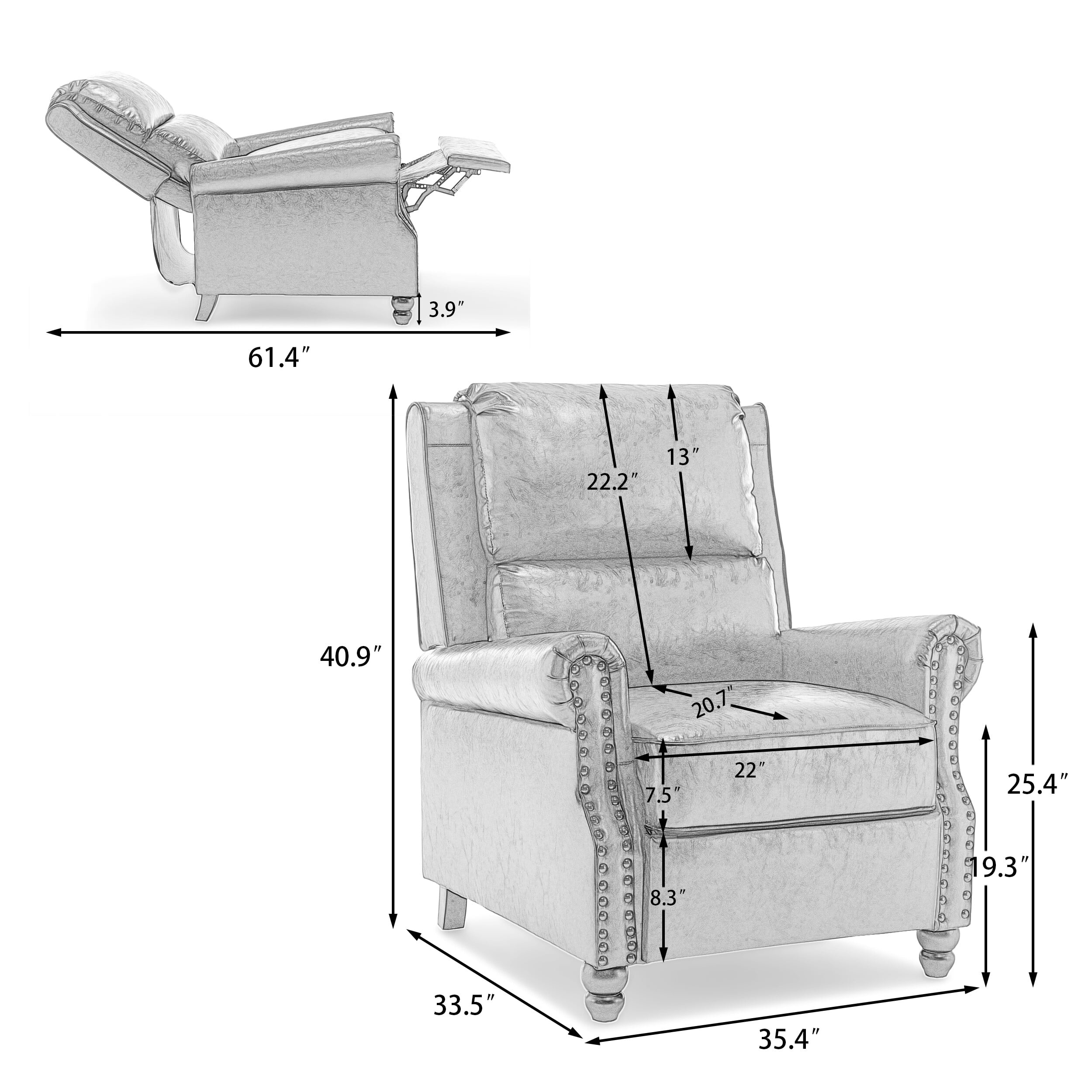 Push Back Recliner Armchair Faux Leather Wingback Accent Chair for Living Room,Navy Blue