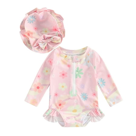 

Aojekbee Baby Girl 2 Piece Bathing Suit Set Long Sleeve Zip Up Flower Print Rash Guard Swimsuit + Sun Hat Infant Toddler Swimwear Outfit