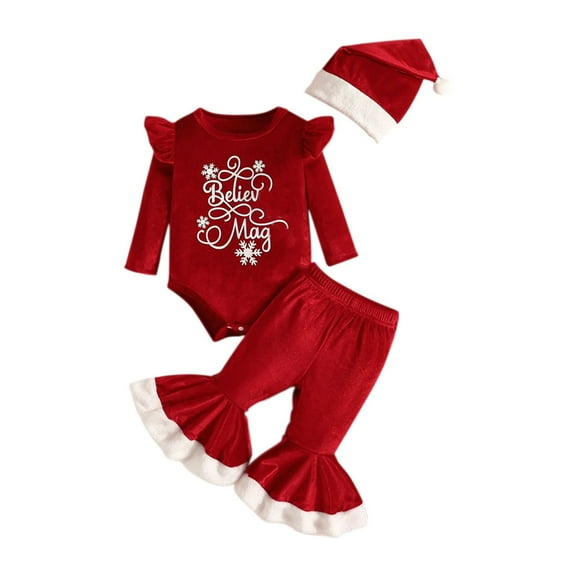 Mercatoo Baby Girl Christmas Outfit Long Sleeve Romper Tops Bell Bottom Pants and Hat 3Pcs Velvet Santa Clothes Set