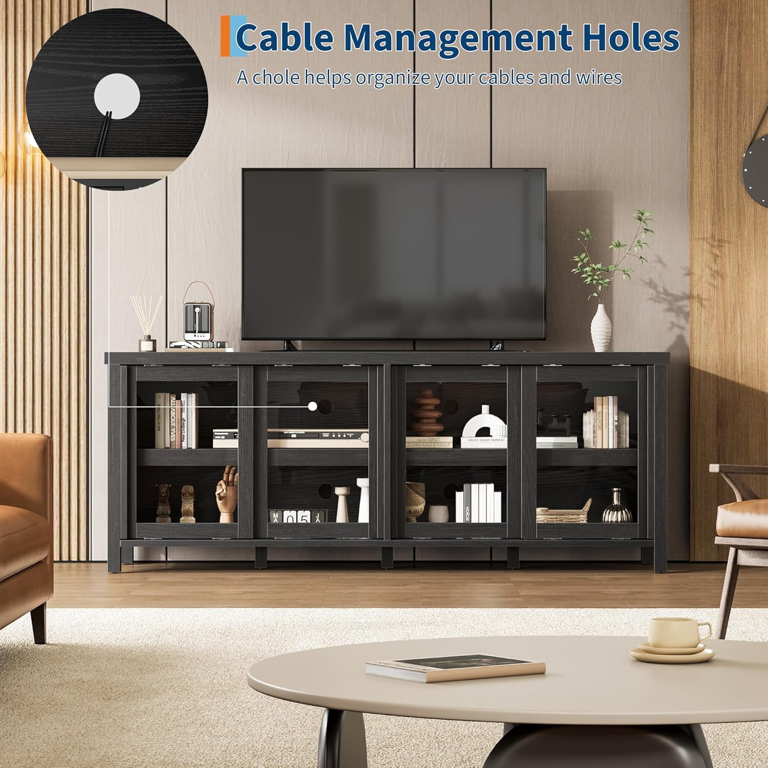TV Stand for 65 Inch, Entertainment Center with Storage Cabinet and 4 Sliding Glass Doors, Mid Century Modern Media TV Console Table for Living Room Bedroom