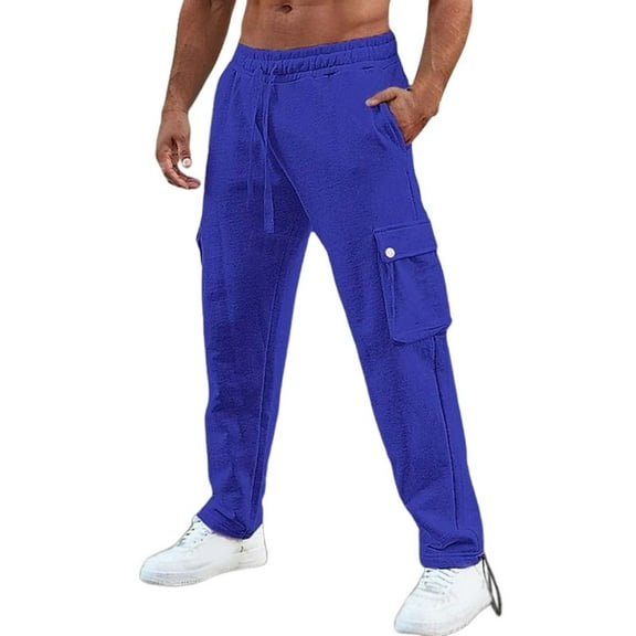MIXUE Mens Cargo Pants Solid Color Pocket Sports Casual Drawstring Straight Leg Sweatpants for Men Sportwear,Blue,XL