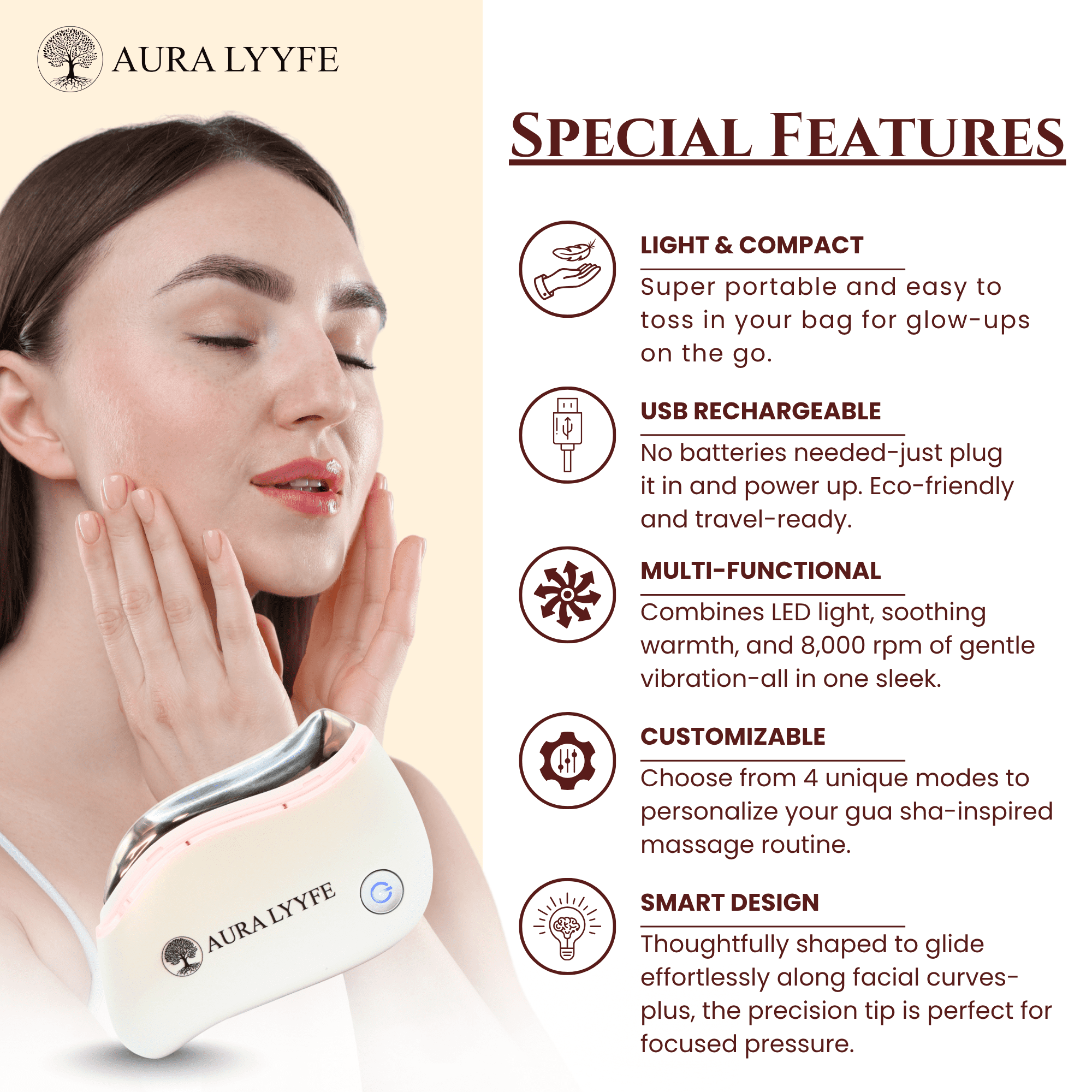 Aura Lyyfe Heated Gua Sha Face Sculpting Tool with Red Light Therapy & Vibration – Lifting, Tightening & Massage for Face and Neck
