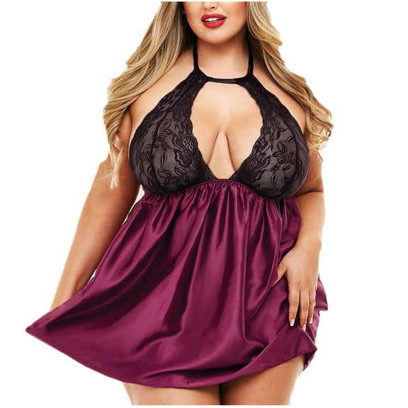 TMOYZQ Women Plus Size Lace Satin Babydoll Lingerie Sexy Halter Deep V Mini Teddy Chemise Sleepwear Nightgown Wedding Nightie Bridal Nightdress