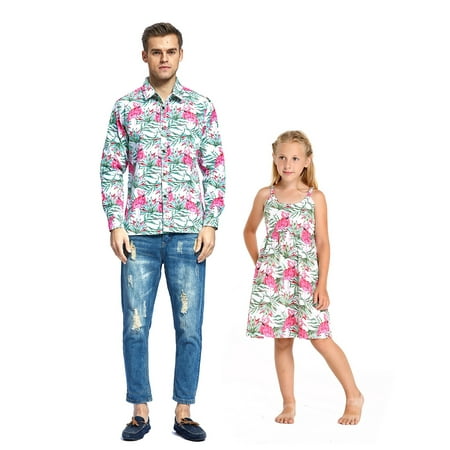 Matching Father Daughter Hawaiian Dance Long Sleeve Shirt Dress Flamingo in Love Men 3XL Girl