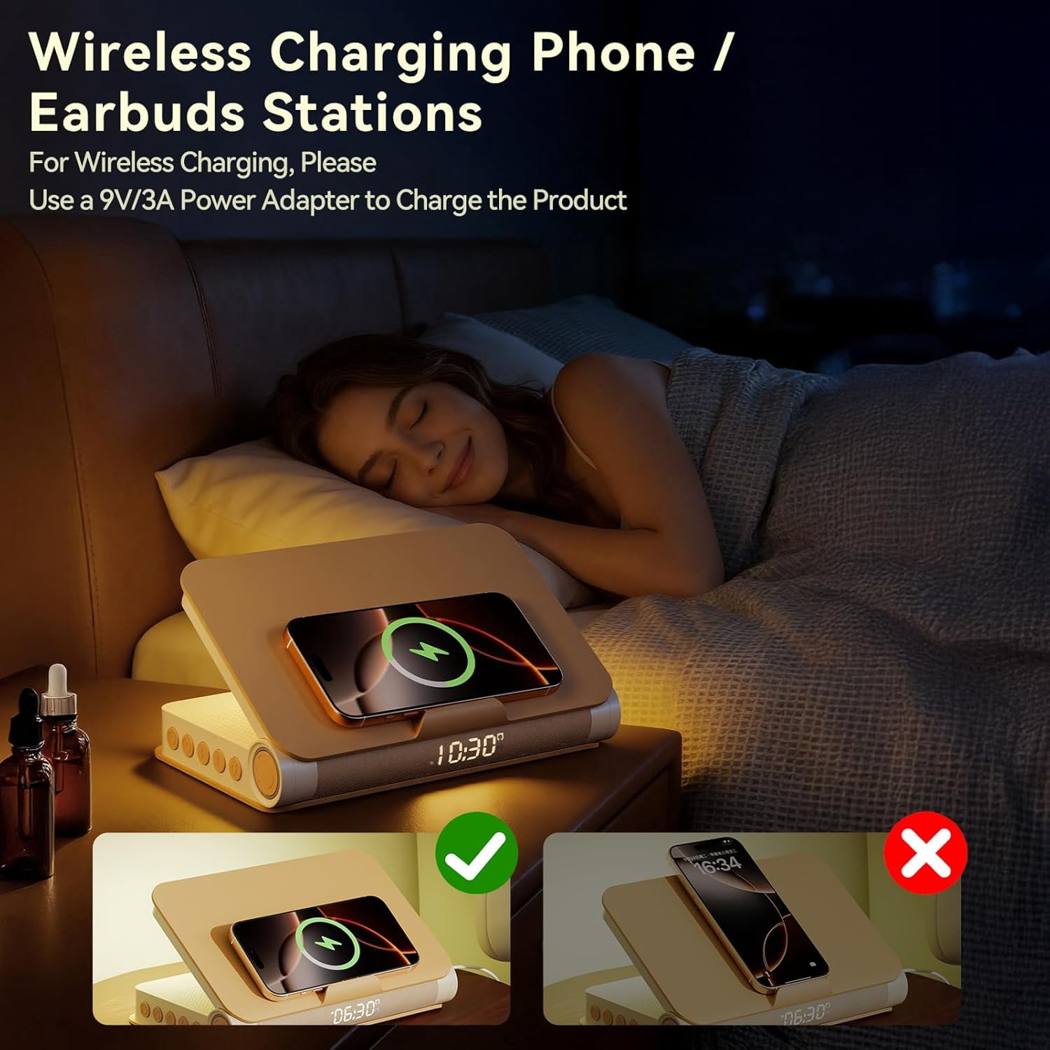 Sunrise Alarm Clock with Bluetooth Speaker, White Noise, Dimmable Lamp & Wireless Charging, Wood Grain Book Style
