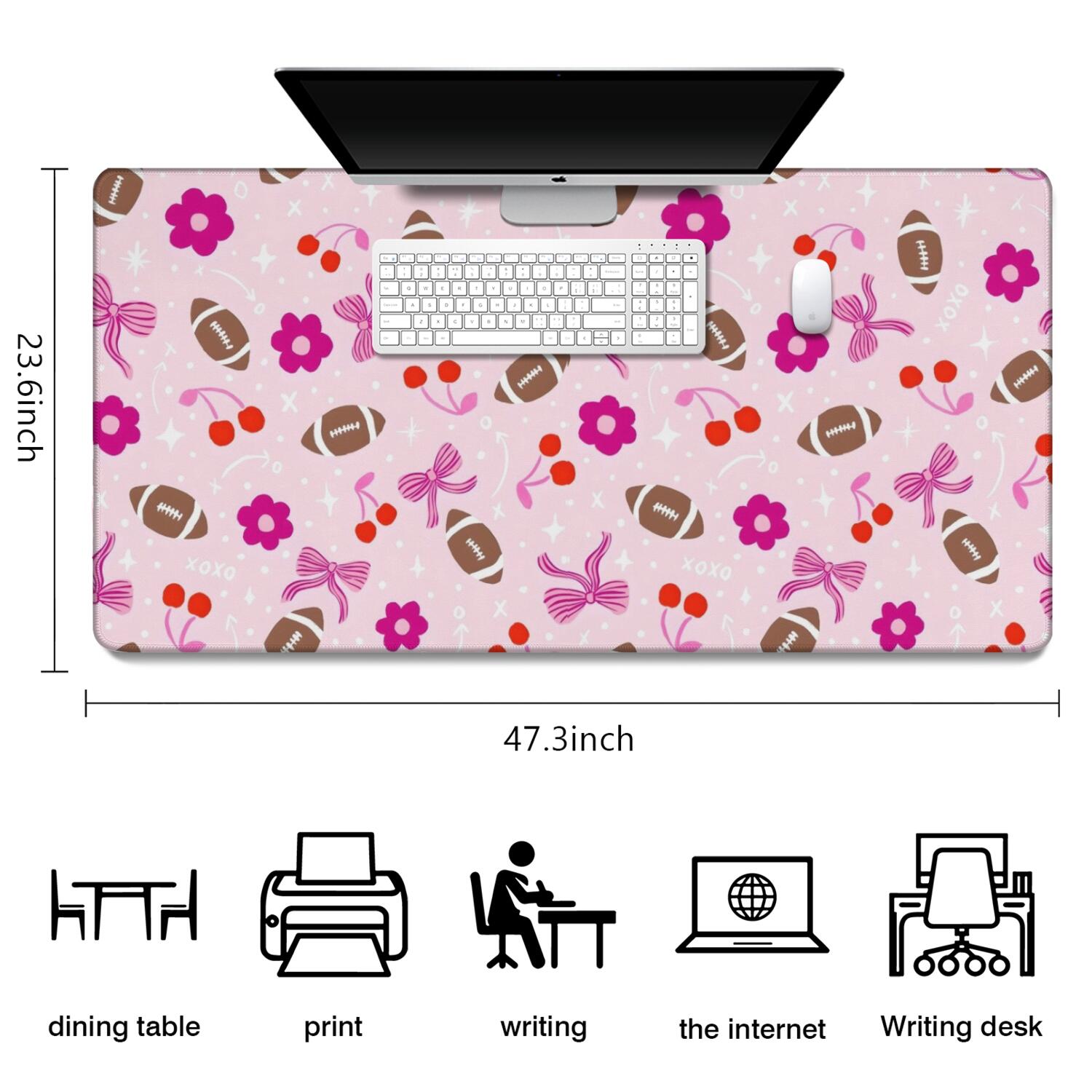 Long Mouse Pads for Desk,Pink Football and Flowers Pattern Desk Mats on Top Of Desks, Desk Mouse Pad Extra Large with 3mm Non-Slip Base and Stitched Edge for Gaming,Office,Work,Home 47.3"x23.6"