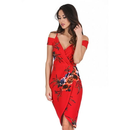 Ukap Women Wrap Dress Fl Print Red Summer Off Shoulder Women Wrap Dress Fl Print Red Summer Off Shoulder Short Sleeve V Neck Spaghetti Strap