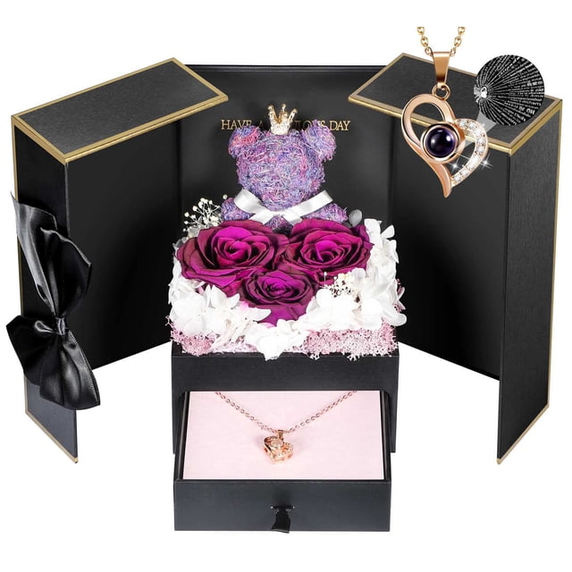 Rosas moradas auténticas preservadas con collar y oso con la leyenda «Te quiero»